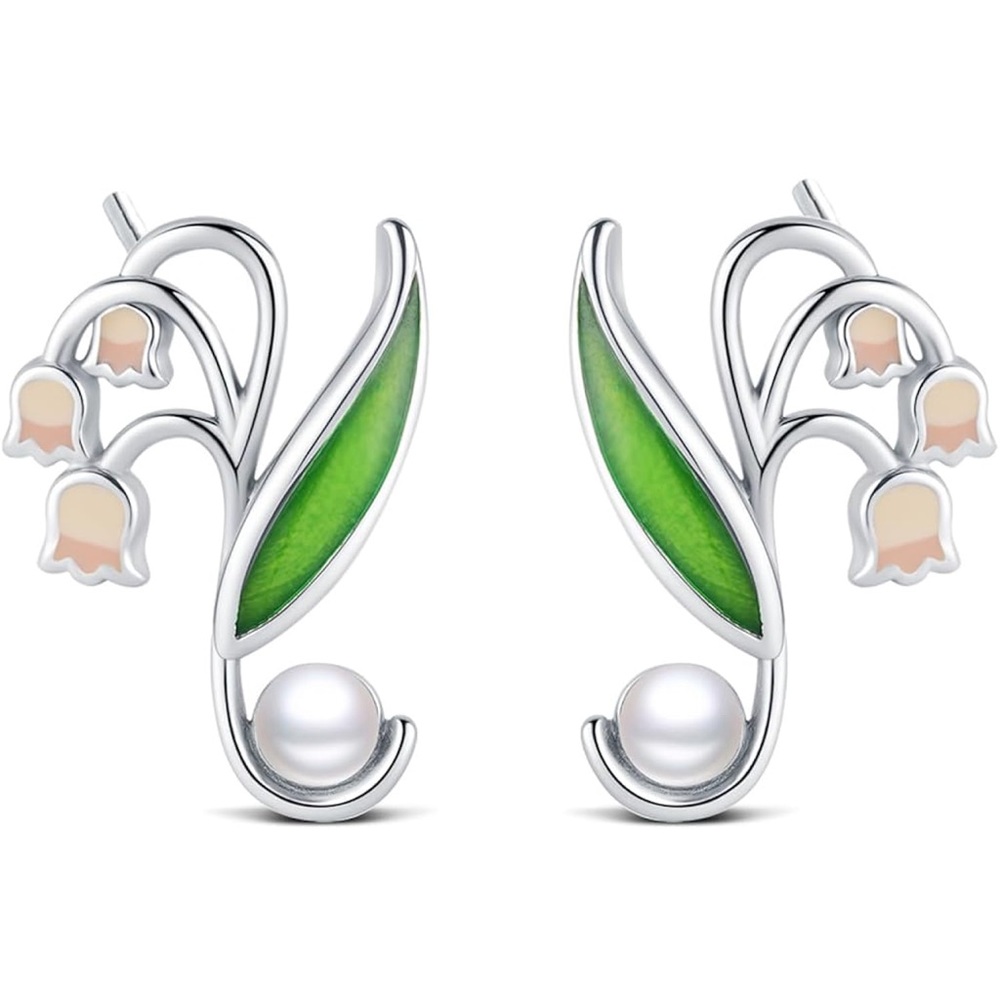 Lily of the Valley Green Enamel Pearl Drop Earrings